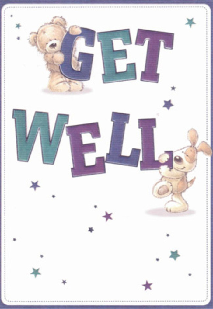 Celebrating hope and gentle encouragement, this get well card shines with the spirit of Merton's caring community. A lovable bear and an affectionate puppy take center stage, their fur depicted in detailed, textured strokes that suggest softness you can almost feel. Stars in pale blues, violets, and twinkling turquoise dance around them, as if scattering blessings over the bold message below. The typography-robust and cheerful in shades of purple and aqua-anchors the scene with a confident reassurance reminiscent of a trusted friend's presence. Every element, from the rounded shapes of the animal companions to the crisp white background, is thoughtfully placed, much like the selection of blooms in an uplifting bouquet crafted by a local florist. There's an airy, reassuring mood throughout, echoing the lightness of spring in Merton's hidden gardens. Sending this card together with fresh flowers feels like a heartfelt embrace-one that promises brighter days and embodies the warmth and sincerity cherished by our regular customers. It's a cheerful, imaginative creation, perfect for lifting spirits and sharing optimism with those you care for in the heart of Merton.