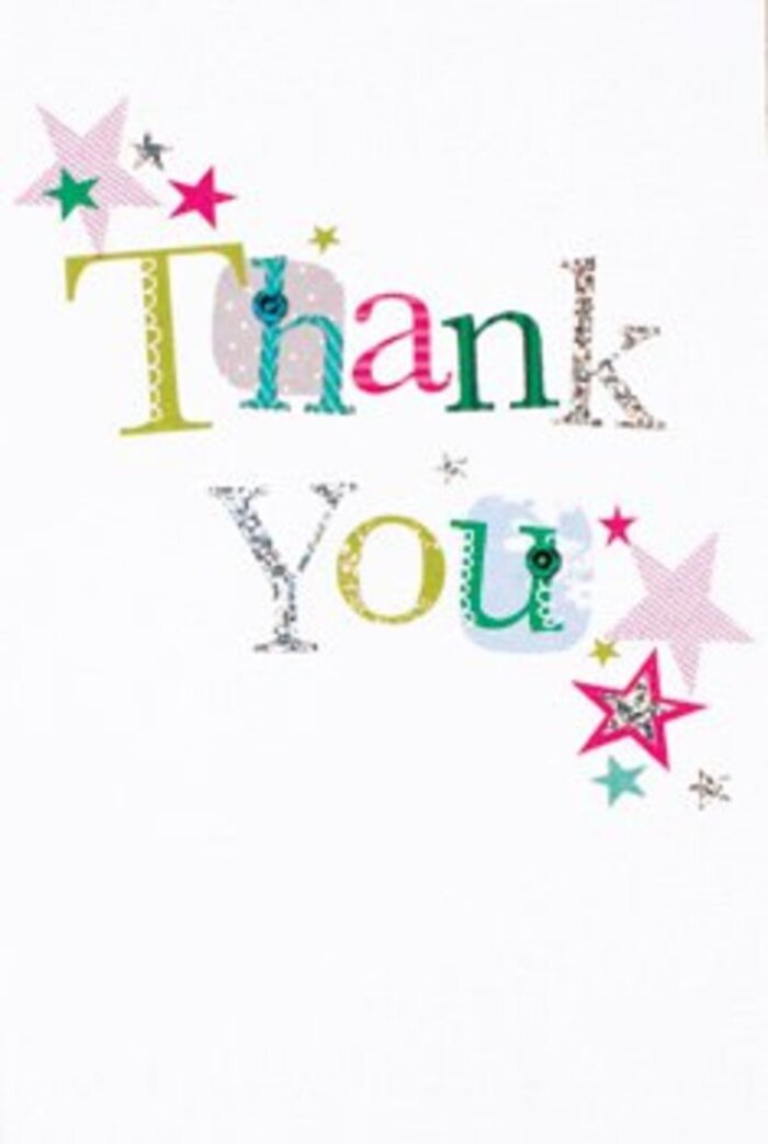 The thank you card's gentle composition offers a subtle exuberance, its letters arranged with grace yet each bursting with their own charm-some whimsical with embroidered dots and curved forms, others sleek like musical notes played softly on a summer evening in leafy South Merton. Vibrant stars in dazzling fuchsia, turquoise, and stripes of shimmering silver gather near the words as if bestowing an extra note of joy, reminiscent of the little celebrations you'll find in Merton's close-knit neighbourhoods. The whole message sits peacefully on a luminous white background, airy and modern, allowing the eye to linger on the fine details-each colour, each shimmer, and the hint of hand-crafted artistry that local florists treasure. There's a balance here, neither too casual nor too grand, which makes it feel warmly universal-a natural fit for any thank-you moment, whether after a thoughtful gesture at Merton Hall or a kindness from a neighbour on Kingston Road. One can envision it resting alongside a bright bouquet delivered that afternoon, the card's subtle sparkle and cheerful design lending extra heart to the flowers. This is gratitude articulated with flourish, as uplifting as a fresh arrangement and just as memorable as a smile shared across garden gates in the community.