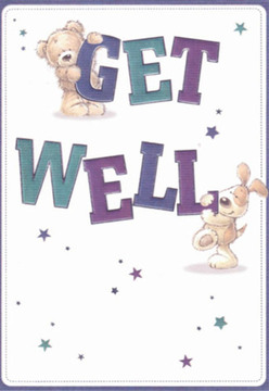 There's an unmistakable comfort in this delightful get well card-one that echoes the thoughtful gestures so prevalent throughout Merton. The illustration centers on two playful figures: a cuddly teddy perched atop the bold, uplifting 'GET,' its soft fur rendered in inviting, golden hues, and a sprightly puppy joyfully leaning against the word 'WELL.' Their rounded features and tender, expressive faces embody care and affection, each brushstroke radiating hope. The lettering itself stands out in vibrant indigo and tranquil teal, striking against a clean, serene backdrop that calls to mind the peaceful corners of Merton common. Scattered stars in shades of blue and purple add a magical touch, each one a twinkle of possibility for recovery. There's nurturing care in every detail-as if the artists arranged this scene with the consideration a florist devotes to a soothing bouquet. The tactile impression of plush fur and floppy ears brings the scene to life, inviting gentle smiles from anyone lucky enough to receive it. Whether hand-delivered on a quiet Merton street or sent with a bright bouquet from Flower Delivery Merton, this card transforms a simple wish into an embrace that uplifts and heals.